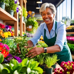 Decorative image to accompany blog post on unretirement. AI produced image of a smiling woman tending plants in a garden centre wearing an apron to indicate she's an employee