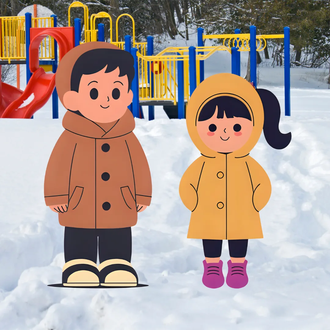 Decorative image: to accompany post on coats4kids. graphic of a boy and a girl wearing winter coats