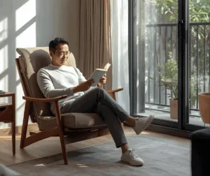 decorative image to represent peace fo mind. man sits in chair reading a book with a contented smile on his face.