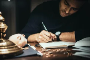decorative image. man writes in book with coins and piggy bank scattered around him.
