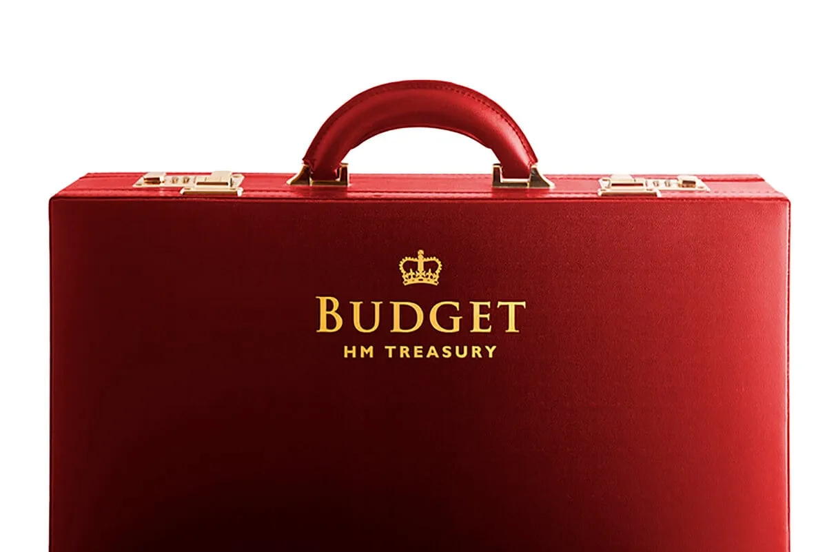 decorative imgae: red briefcase with the words Budget and HM Treasury in gold lettering printed on the front