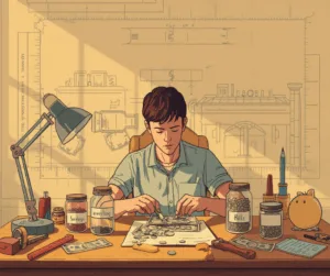 Decorative image of a man sitting at a desk with jars saying pensions, investments, savings. He is trying to figure out his own plan. To accompany a blog post about professional financial advice vs DIY.