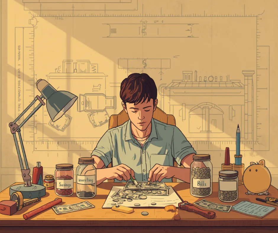Decorative image of a man sitting at a desk with jars saying pensions, investments, savings. He is trying to figure out his own plan. To accompany a blog post about professional financial advice vs DIY.