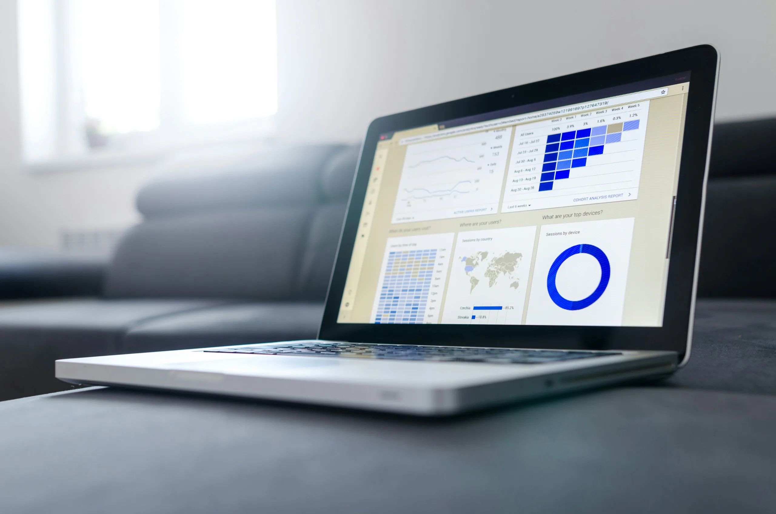 decorative image to accompany blog post on cashflow planning. Open laptop with charts showing on the screen.